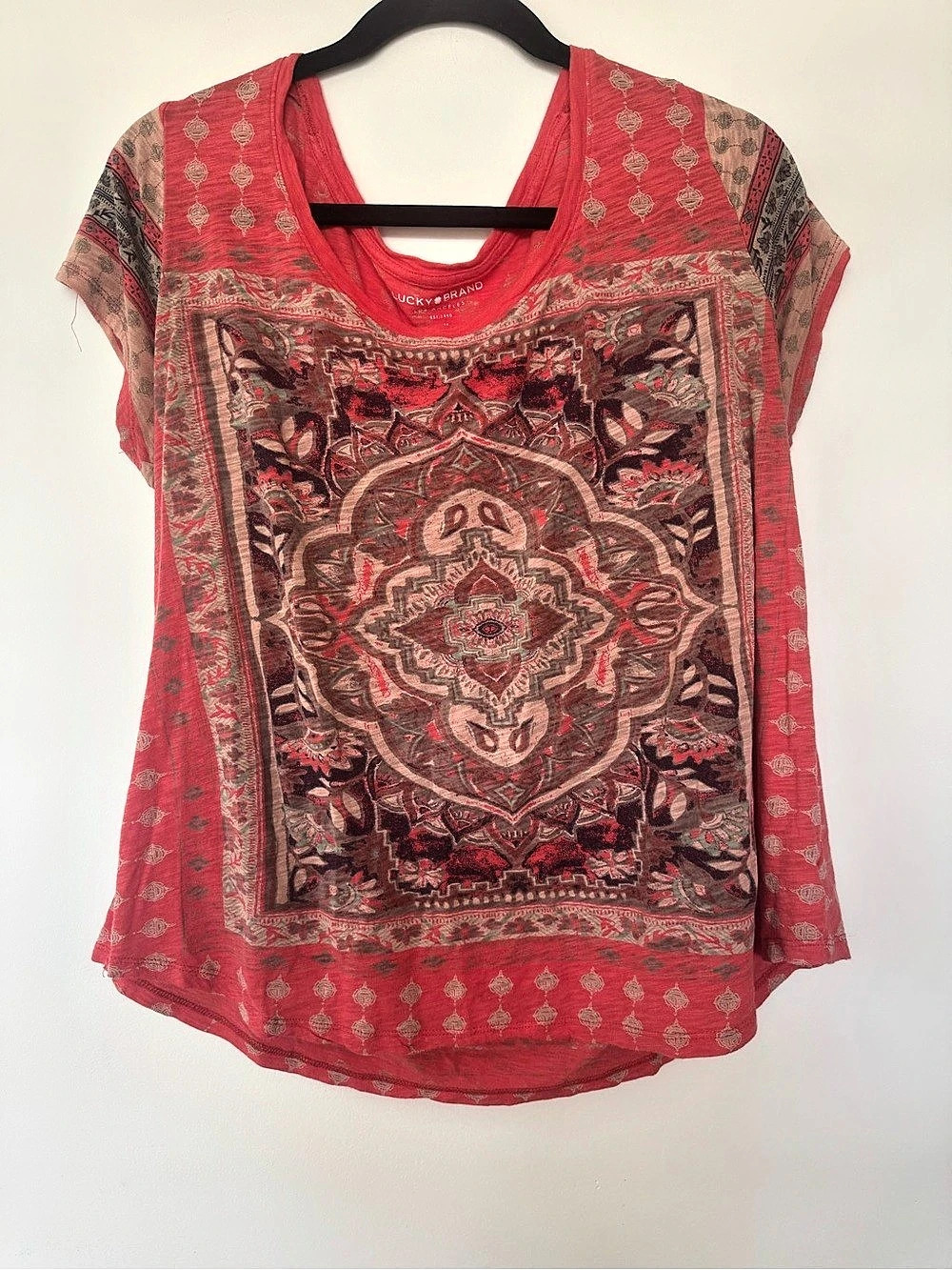 Lucky Brand Cotton Blend Multi Color Artsy Geometric Short Sleeve Top Red 1X